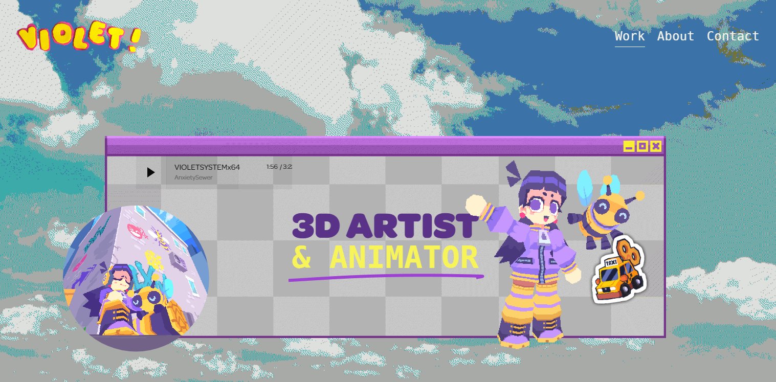 the image shows a website header for a 3d artist and animator named "violet". it features a stylized, pixel art sky background with a window showcasing a 3d animated character and text that reads "3d artist & animator". the color palette is predominantly purple, white, and gray.