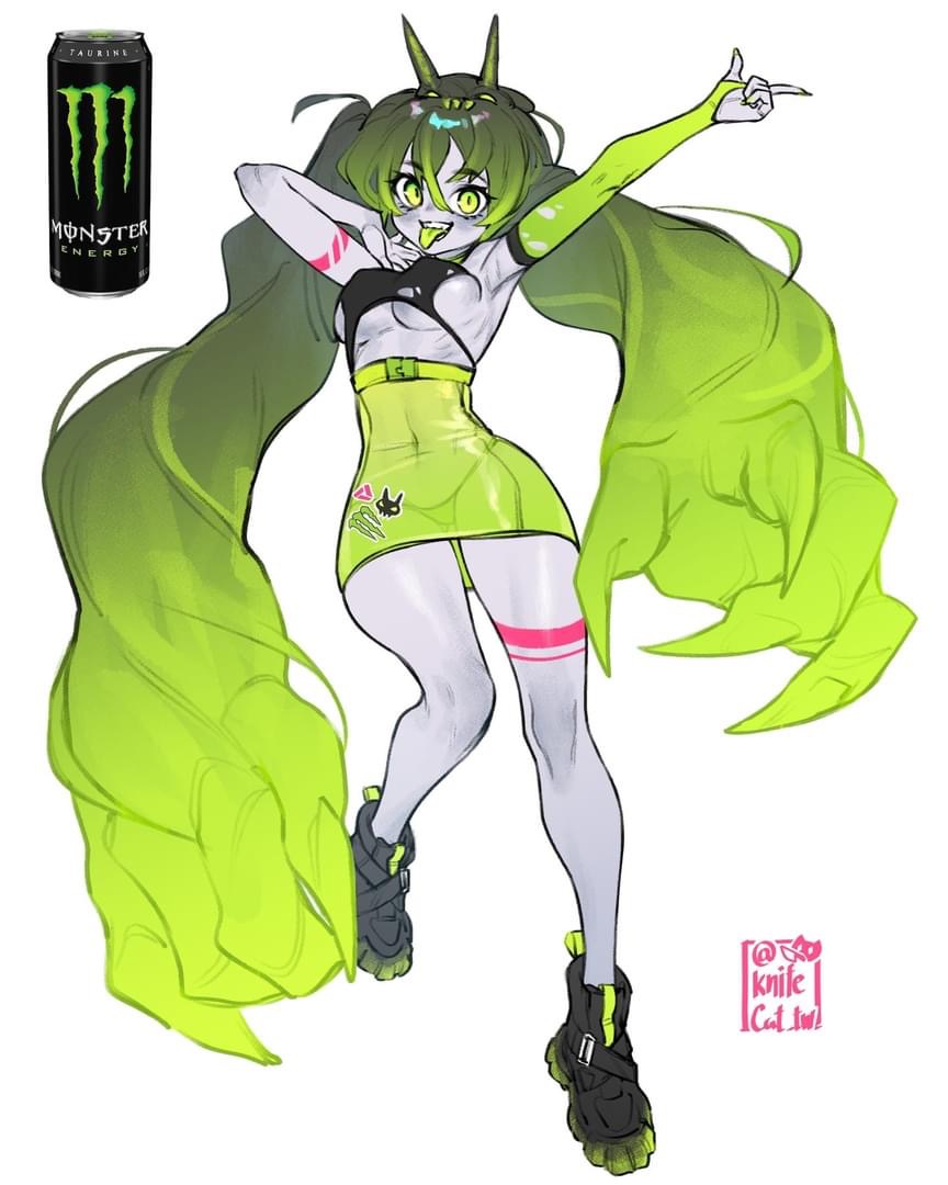 a digital illustration of a greenhaired anime girl with horns and claws. the girl is wearing a yellow, green, and black outfit with a monster energy drink can visible in the background.