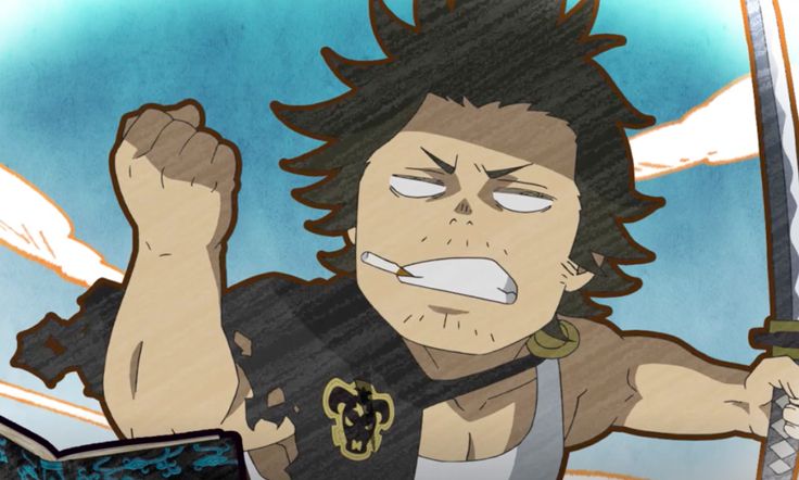 the image depicts asta, a character from the anime and manga series black clover. he is a young boy with black hair and a determined expression. he is wielding a sword and appears ready for battle. asta is known for his antimagic abilities, which allow him to nullify the magic of others. he is a powerful and determined character who is determined to become the wizard king, the strongest mage in the clover kingdom. the background is a blue sky, suggesting he's in the middle of a fight. his magic symbol for his grimoire is visible on his shirt, which looks like a black 4leaf clover.