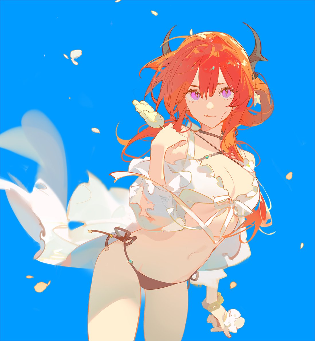 an animestyle illustration of a woman with red hair and horns, wearing a bikini and a white coverup, set against a bright blue background. she has purple eyes and is adorned with jewelry. the artwork evokes a summery and beachy atmosphere.