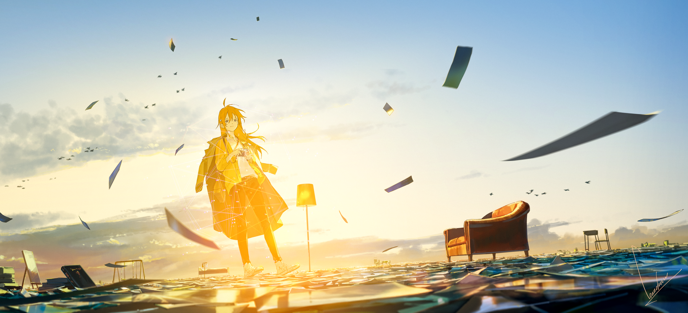 the image is a digital painting or illustration in an anime style. it depicts a young woman with long orange hair, wearing a yellow coat, standing on a surface covered in a vast expanse of floating papers or documents.  the scene is set at sunset, with a vibrant sky filled with birds and soft clouds. a brown leather couch and a lamp are also present, adding to the surreal and dreamlike atmosphere. the overall mood is peaceful and contemplative, suggesting themes of memory, reflection, and perhaps loss or transition. the artistic style is highly detailed, with a focus on light and color.