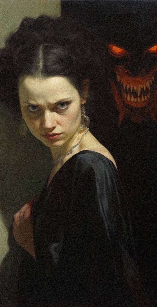 the image is a dark, dramatic painting depicting a young woman in a black dress. her expression is serious and intense, almost apprehensive.  she is positioned in the foreground, and behind her, partially obscured by shadow, is the face of a monstrous, demonic figure. this figure's glowing red eyes and sharp teeth are clearly visible.  the contrast between the woman's delicate features and the monstrous presence behind her creates a sense of unease and suspense. the painting uses dramatic lighting and shading to highlight the contrast between light and dark, enhancing the overall mood of mystery and potential danger. the style appears to be realistic but with a fantastical element, evoking a dark, gothic or horror feel.