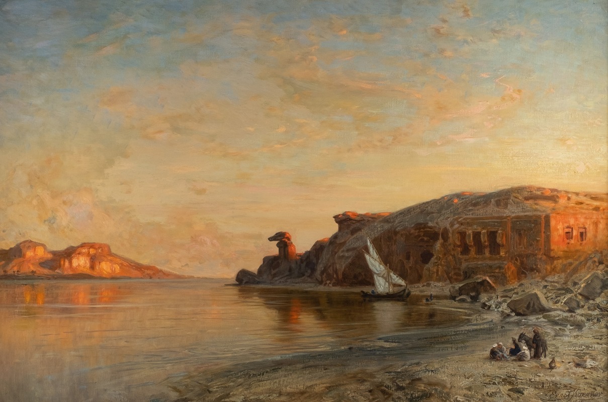 an oil painting depicting an egyptian landscape at sunset. a river reflects the golden light, with mountains on the left and ancient ruins with figures gathered on the beach on the right. a small sail boat is anchored near the ruins. the sky is filled with warmtoned clouds.