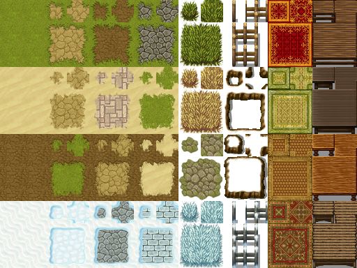 a collection of computer graphics tiles depicting terrain and structures in a topdown pixel art style. several biomes are represented by the tiles including grass, dirt, sand, and snow. each biome features a variety of terrain tiles, such as stone paths and wooden planks. ladders and carpets are also included in the tile set.