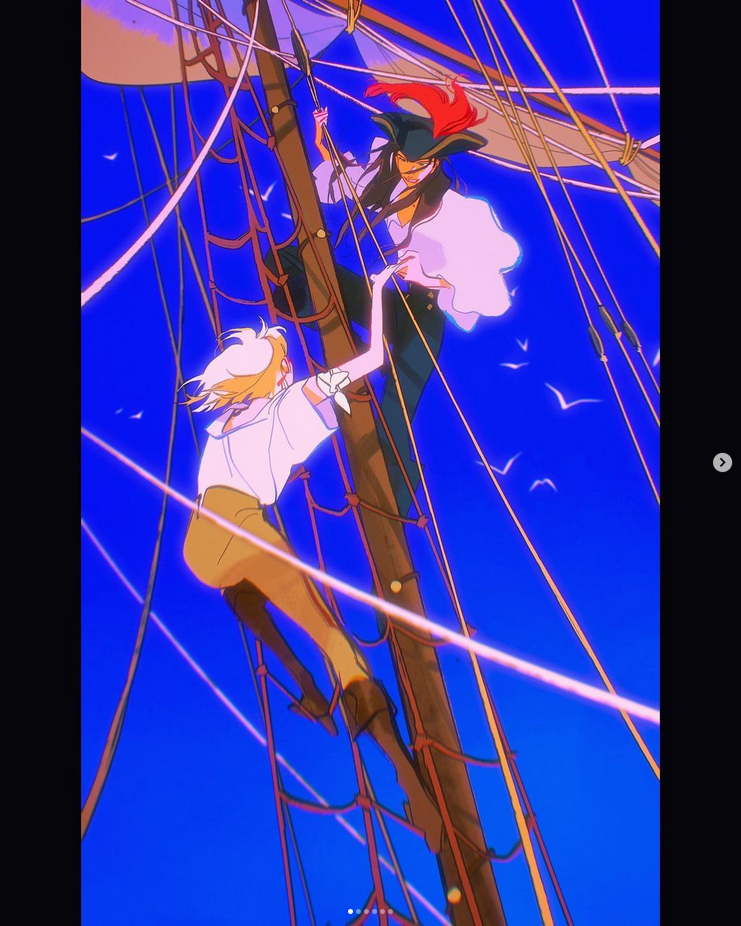 this is a colorful illustration of two anime characters. one is a male character in a white shirt and red pirate hat. he is climbing the ship's mast, and looks down at the female character.  the female character is wearing a white shirt with a brown vest and is holding on to the mast with her hands as she looks up at the male character.  the background has a bright blue sky and white clouds. the overall image is bright and lively.  the male character seems to be helping the female character climb up.  there is a feeling of romance or friendship between the two.