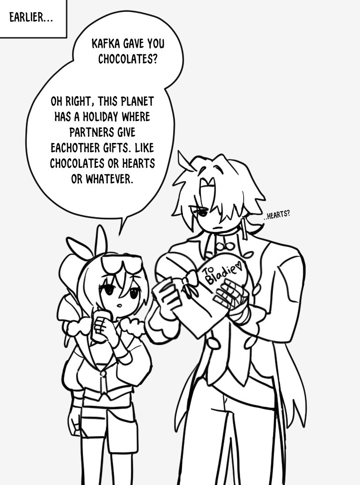 the image shows two characters. one is a tall character named kafka holding a gift with a heart on it. the other is a small character named bladie holding a cup, both of them are having a conversation about giving gifts on holidays.
