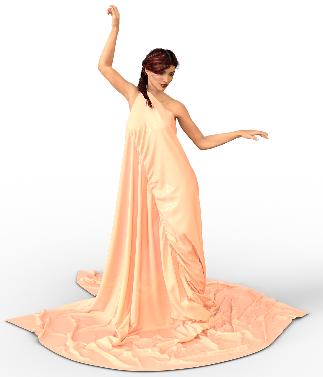 a digital illustration depicts a woman in a flowing, peachcolored gown against a solid black background. she is posed with one arm raised and the other extended, her dress cascading around her. the style of the image is reminiscent of digital art or a 3d rendering.