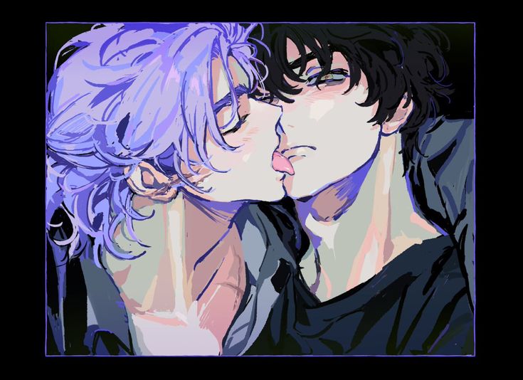 the image is a stylized digital painting or illustration in an anime/manga style depicting two young men sharing a passionate kiss. the man on the left has long, light purple hair, while the man on the right has short, dark hair.  their faces are close, and the artwork emphasizes their emotional connection. the art style is loose and expressive, with visible brushstrokes and a color palette dominated by purples, blues, and darker tones. the overall mood is romantic and intimate, suggesting a close relationship between the characters. the background is dark and undefined, focusing attention on the couple. the image has a slightly abstract quality due to the painterly style.