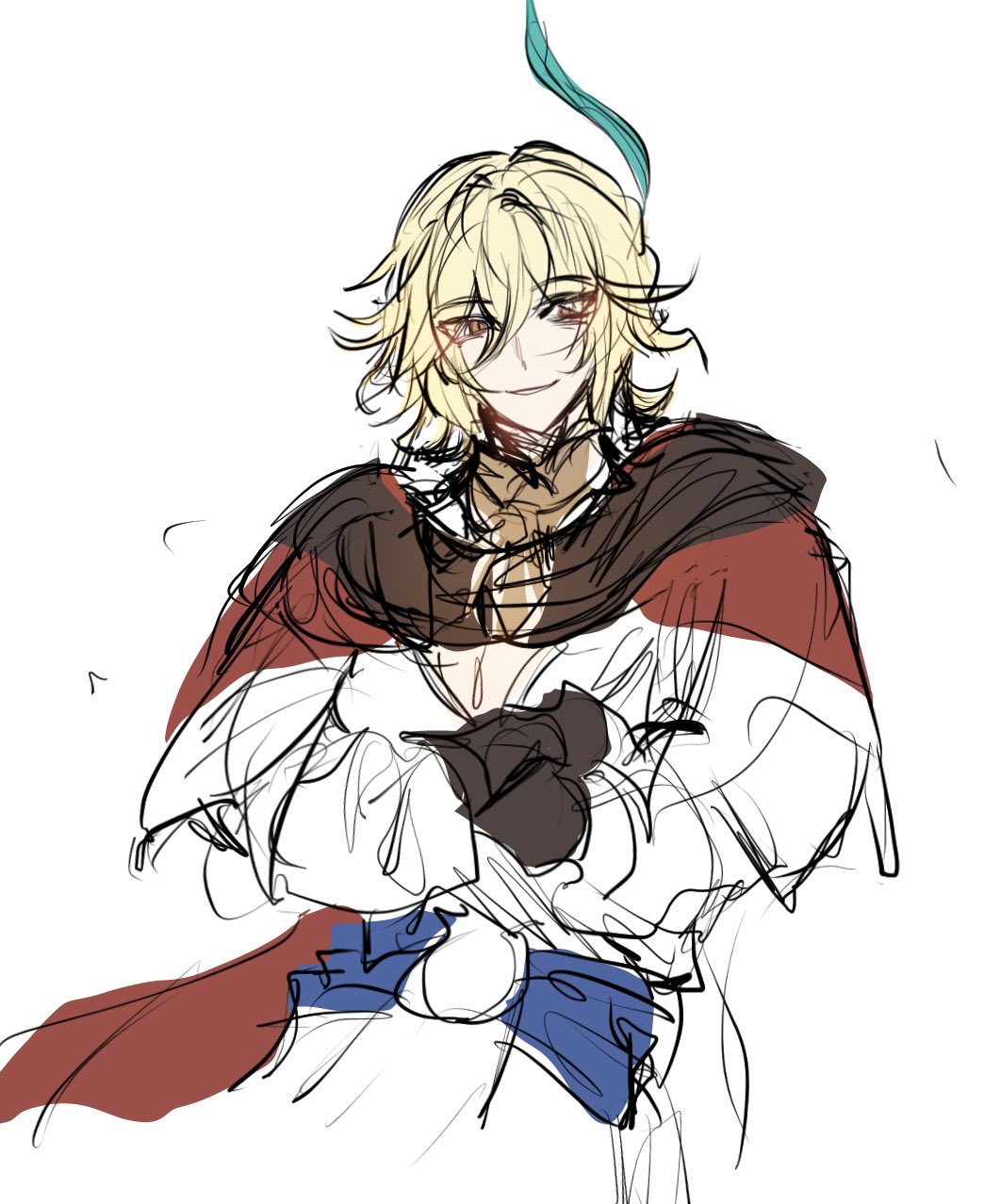 a sketch of a young anime male character with blonde hair and blue eyes, wearing a red and blue outfit and a green feather in his hair. the character is drawn in a simple style with a white background.