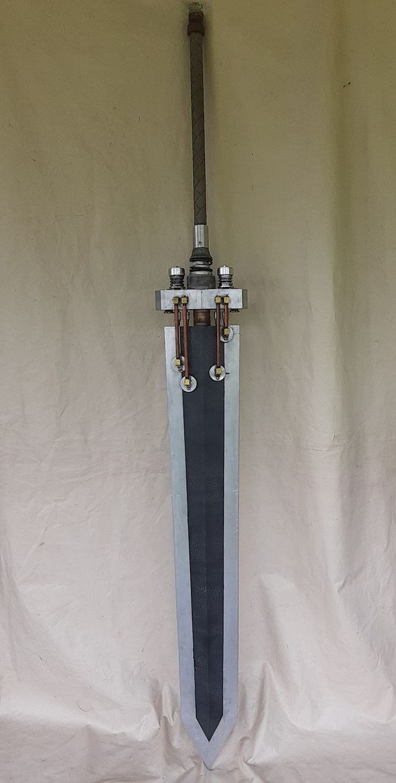 a large, ornate sword is shown vertically against a plain, offwhite background. the sword features a long, pointed blade with a black fuller running down the center. the hilt is intricately designed, with metal components and what appear to be copper accents. the overall aesthetic suggests a weapon from a fantasy setting.
