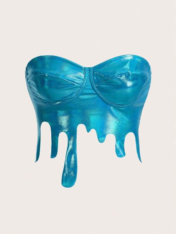 a shiny blue iridescent bustier top is showcased against a plain offwhite backdrop. the top is strapless with structured cups and a unique "dripping" design where the bottom edges extend into irregular, fluidlike shapes.