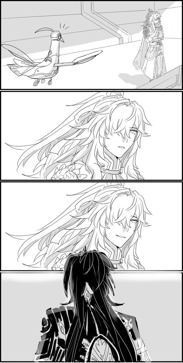 the image is a mangastyle drawing. it shows a black and white illustration of three characters. the top panel shows a robot bird with feathers and wings, flying in the air. in the middle panel, we can see a woman with long white hair looking at the bird, her expression is sad. the bottom panel shows a woman with long black hair looking at the woman in the middle panel, her expression is calm. the drawing is in a manga style and is very detailed.