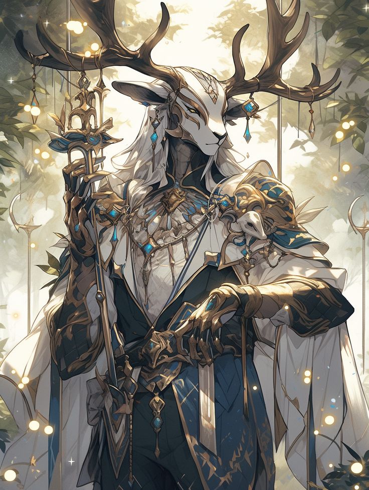 the image depicts a fantasy creature, resembling a deerhumanoid, holding a staff in a mystical forest setting. the creature has a deerlike head with large antlers adorned with hanging jewelry and lights. its fur is white, and it wears ornate gold and blue armor and a robe. the staff it holds is also highly detailed with similar gold and blue accents. the background features a blurred forest with glowing lights, contributing to the fantasy atmosphere.
