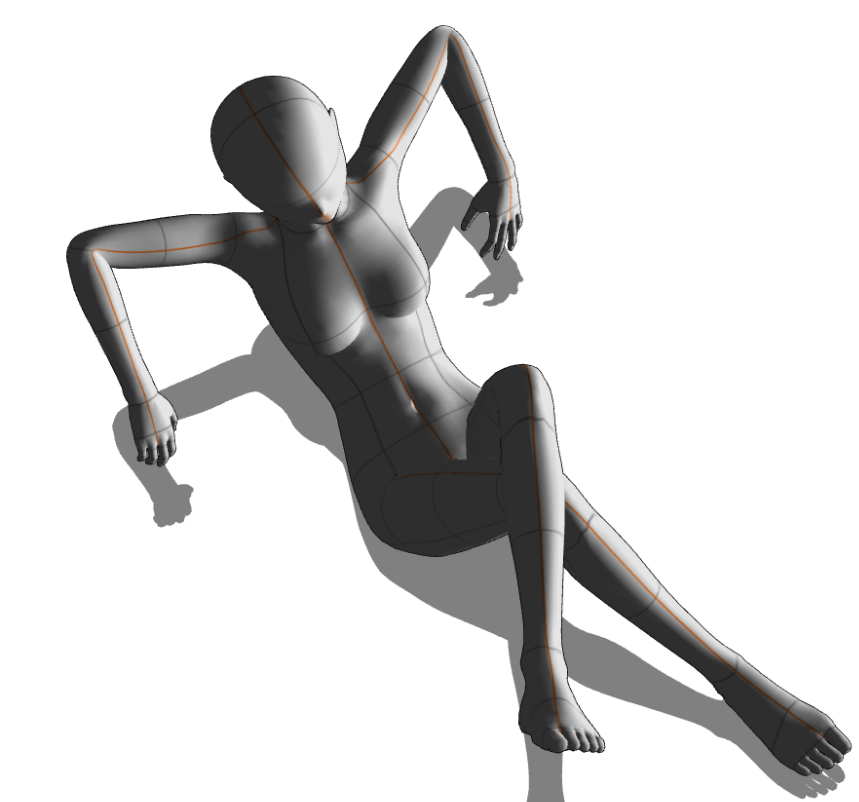 a gray mannequin of a human figure is laying down, casting a shadow on a white background. the body is segmented with dark gray lines and has orange guide lines along the limbs and torso. the pose is relaxed, with arms raised and legs extended.