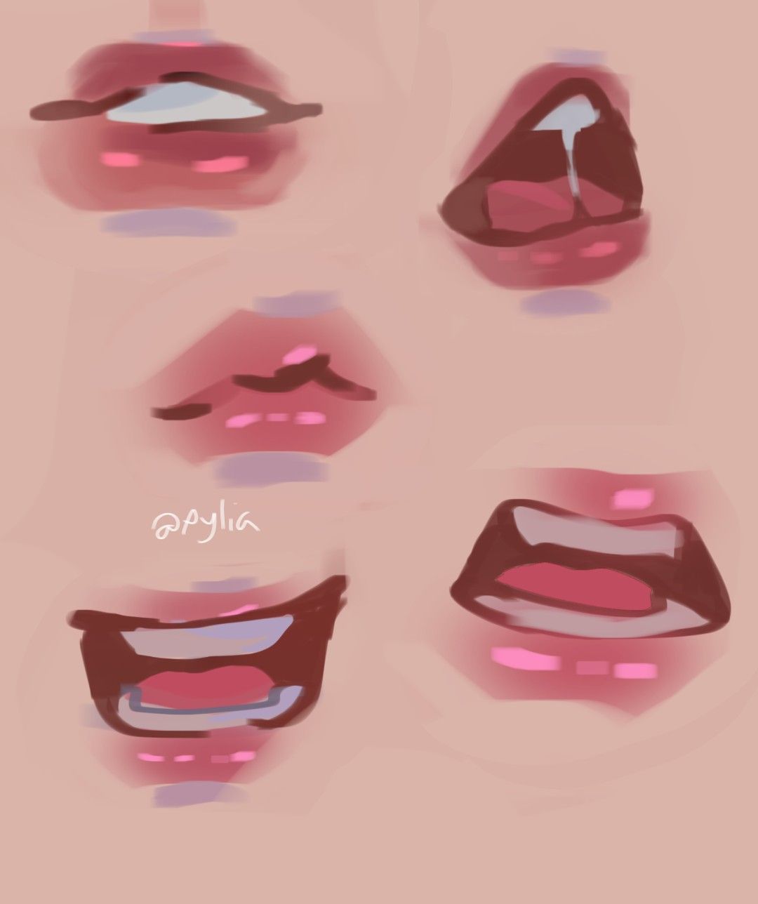 the image is a digital art reference sheet depicting various animestyle mouth expressions. there are five different lip and mouth positions, each conveying a different emotion or action. the overall aesthetic is soft and feminine, with a focus on smooth lines and subtle color variations.