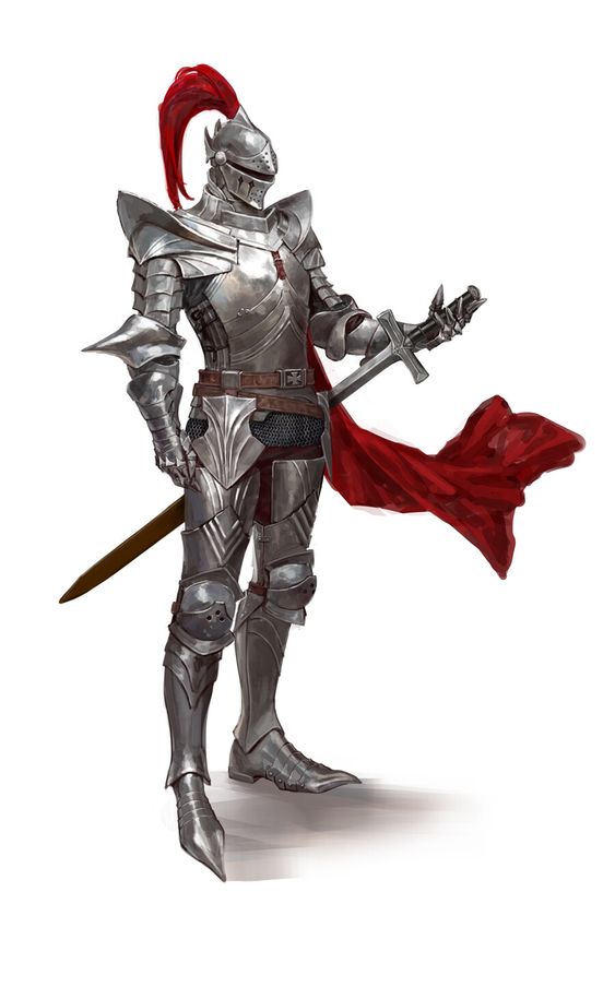 a digital painting of a knight in full plate armor, standing in a confident pose. he holds a sword in his right hand, and a red cape flows behind him. the armor is highly detailed, with various plates and rivets visible.  a red plume adorns his helmet. the background is plain white, focusing attention on the knight.