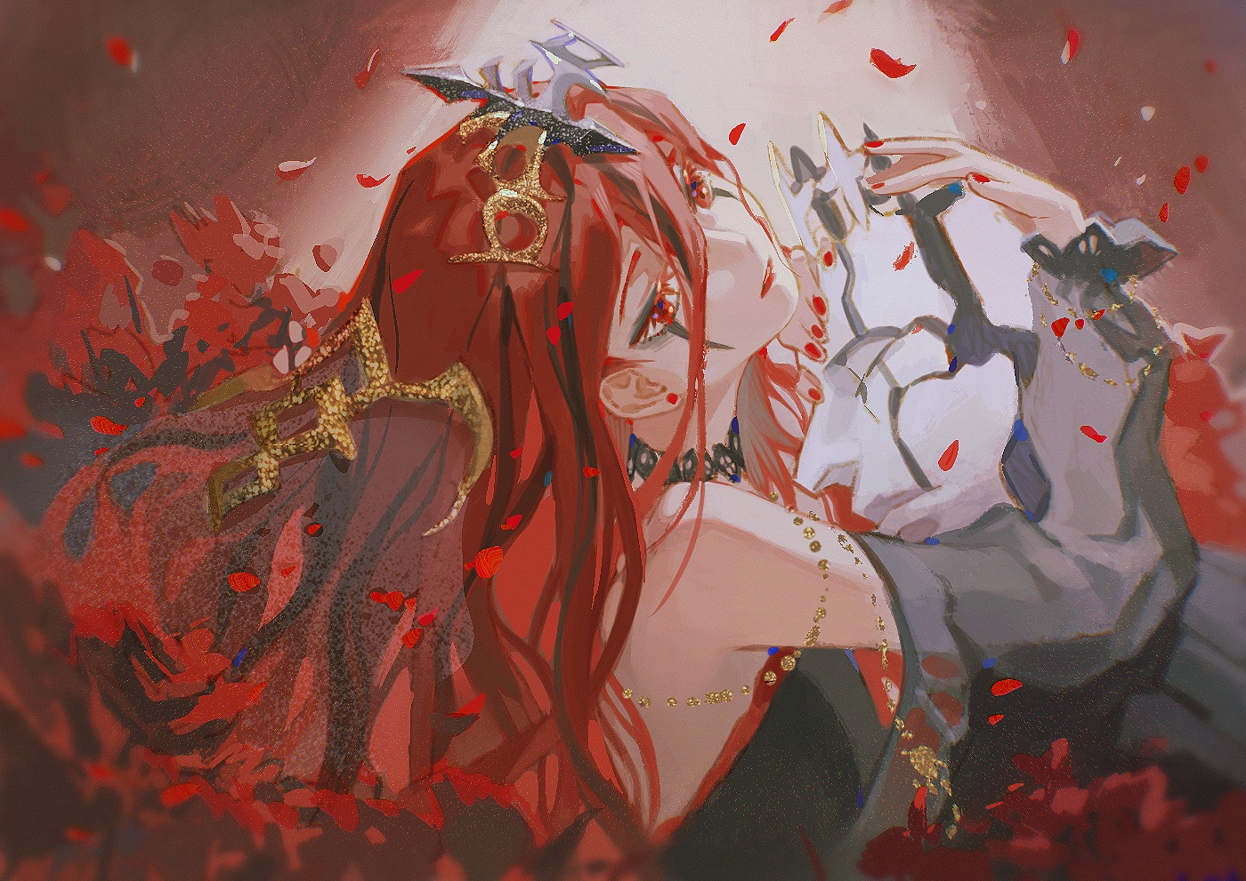 a digital painting of an anime girl with long red hair, she is wearing a black dress with gold accessories, she has a crown on her head and she looks like she is in love with someone or something, she is surrounded by red and pink flowers. the image is very romantic and dreamy.