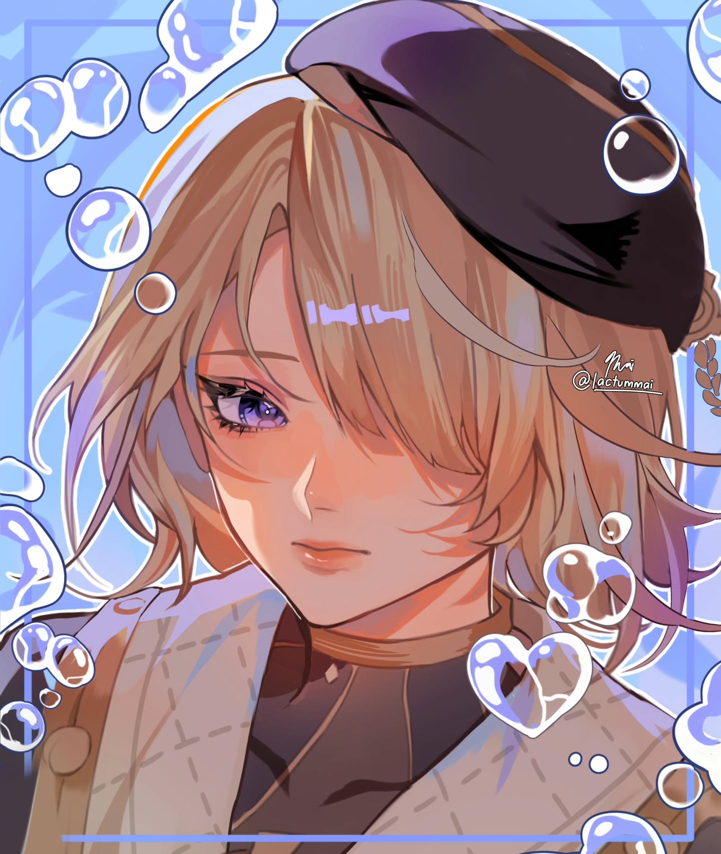 the image is a digital painting or illustration of a young animestyle woman.  she has long, light blonde hair, striking blue eyes, and is wearing a darkcolored beret.  her expression is soft and gentle.  she appears to be surrounded by pastelcolored bubbles, giving a whimsical, almost underwater or ethereal feeling to the piece. the art style is soft and delicate, emphasizing pastel hues and a dreamy atmosphere.  the artist's signature, @lactummai, is subtly included in the artwork.