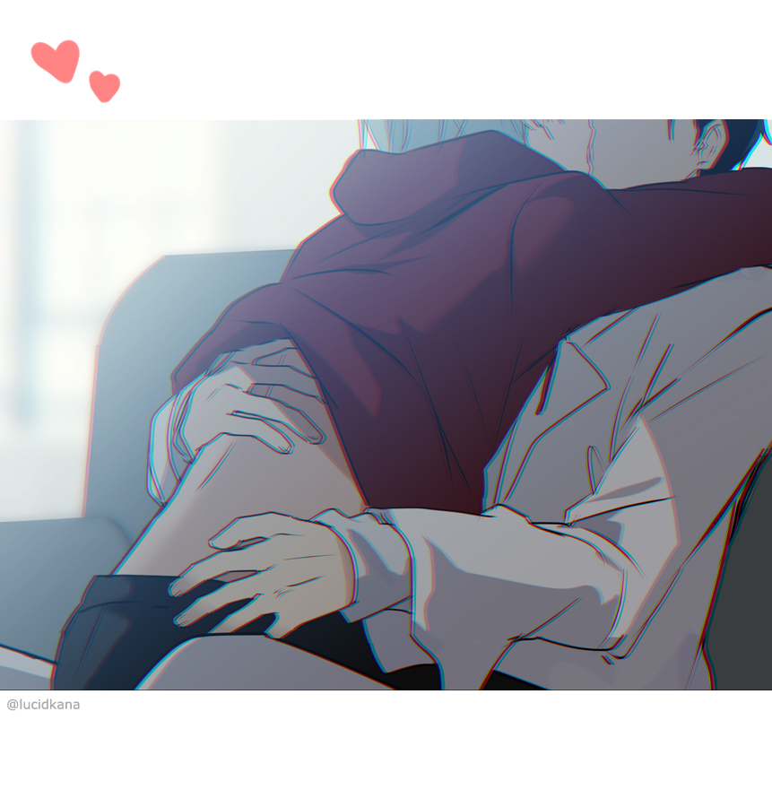 the image depicts a couple in a romantic embrace. the female character, with long white hair, is wearing a red hoodie and is holding the male character close. the male character, with dark hair, is wearing a white shirt and has his arms wrapped around the female. the couple is depicted in a tender and loving moment, with their faces close together. the image is drawn in a soft, romantic style, with delicate colors and soft lines. it evokes a sense of intimacy and affection. the hearts at the top of the image add to the romantic atmosphere.