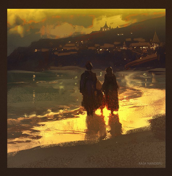 a family of three silhouettes is walking on the beach towards a town on the coast during golden hour. the sun is setting behind the town, casting a warm glow over the scene and reflecting on the wet sand.  the family is holding hands and walking away from the viewer.