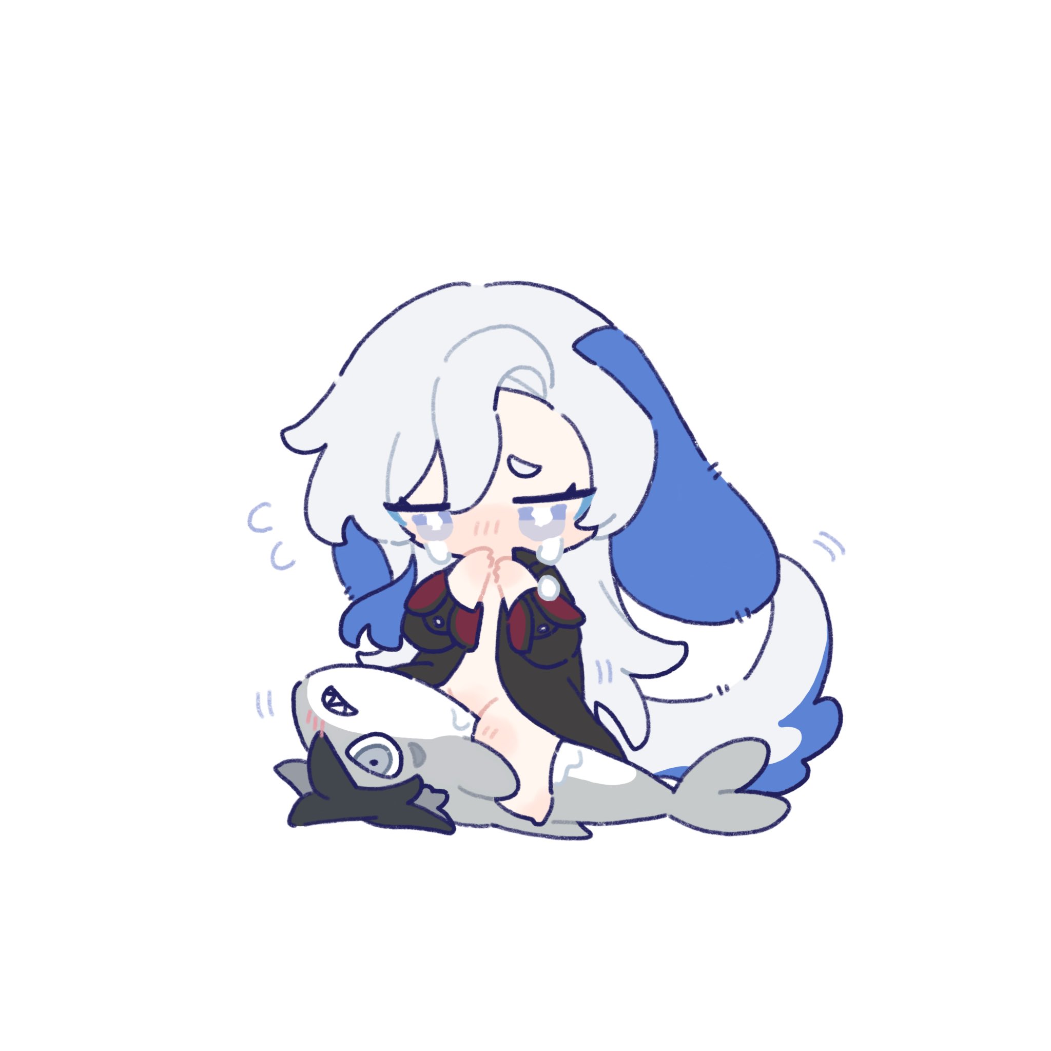 the image is a digital drawing in a chibi anime style. it depicts a young girl with long, white hair and a blue hooded garment. she is sitting on what appears to be a grey shark plush toy and is shown crying, with her hands clasped together in front of her face.  her expression is one of sadness or distress. the art style is soft and simple, using light pastel colors. the overall mood is melancholic and gentle.