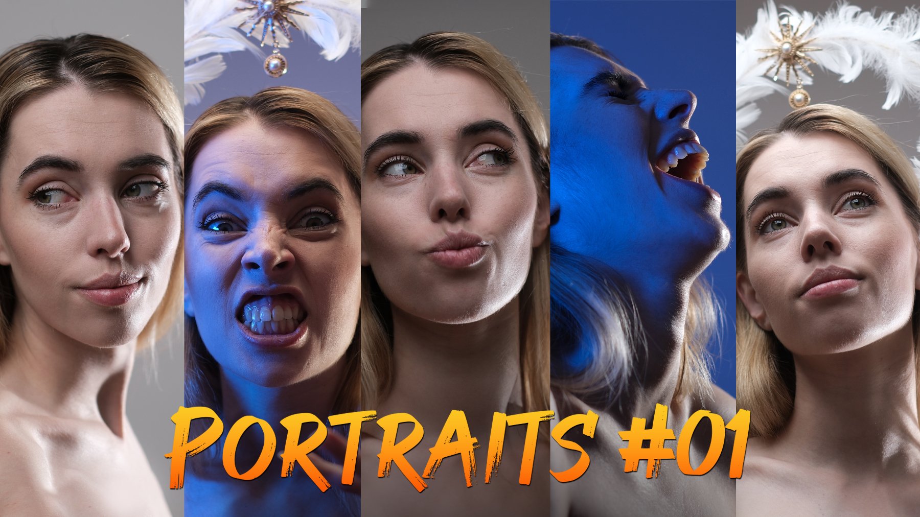 the image is a vertical collage of six closeup portraits of a young blonde woman, each showcasing a different facial expression. the portraits are arranged in a 2x3 grid.  the woman exhibits a range of emotions, from subtle expressions like a slight smirk or a thoughtful pout to more intense ones like a fierce grimace and a wide, openmouthed laugh. two of the images feature a white feather headpiece, which has a small ornate gold pendant, adding a slightly ethereal quality. the lighting varies, with some shots using a dramatic blue hue to create mood and contrast. the overall impression is a series of artistic and expressive portraits.  the text "portraits #01" is prominently displayed across the center of the collage.