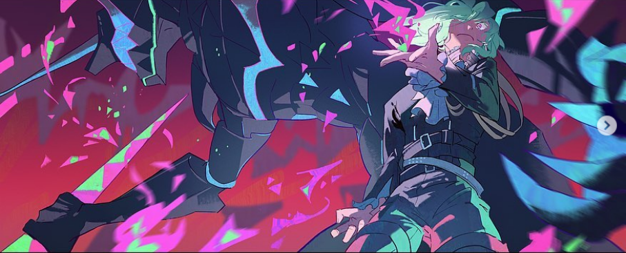 the image features a digital art illustration of an anime character.  they have green hair and blue eyes and are wearing a black outfit. the background is a red, pink, and green abstract design.  the character is in the middle of a powerful stance, with their hand outstretched as if they are controlling something.