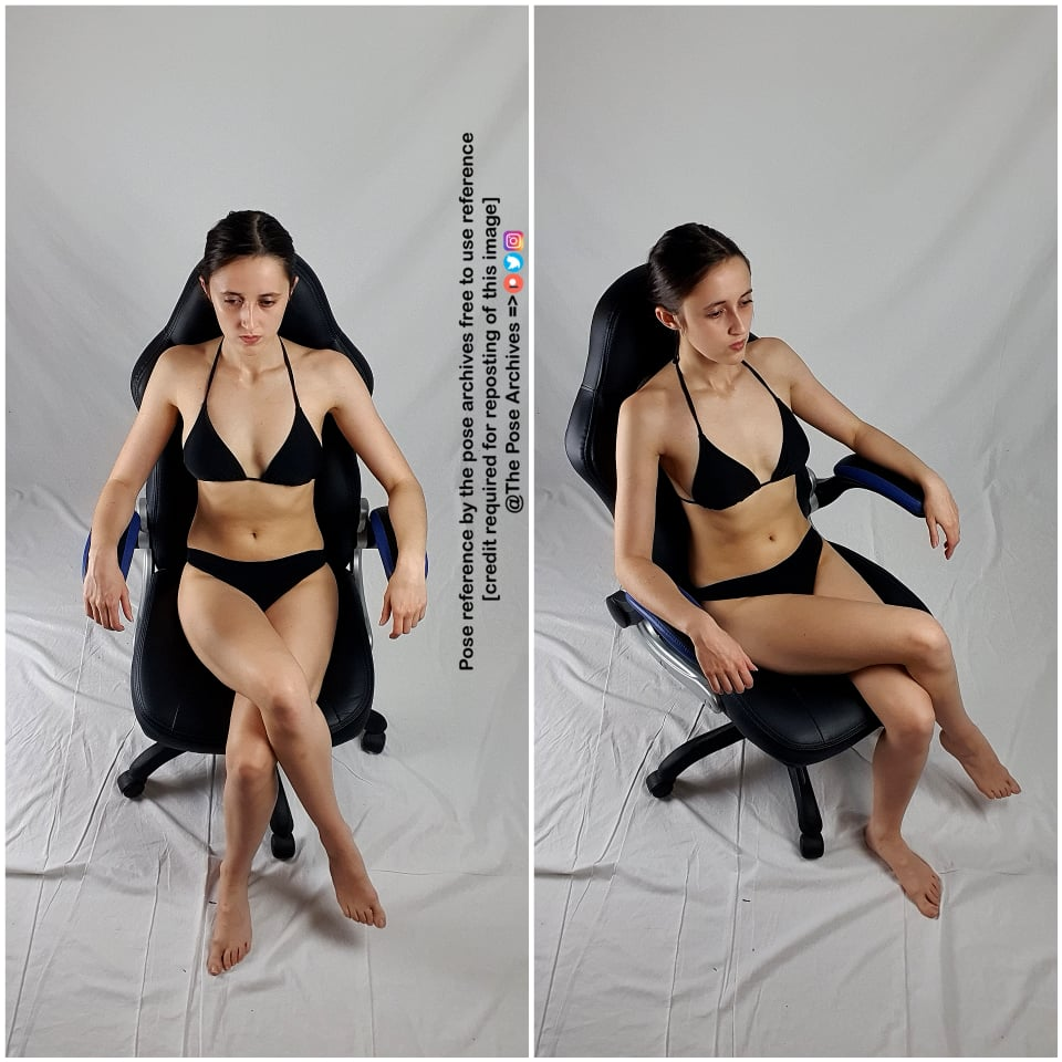 a diptych featuring a young woman in a black bikini, posing in a black and silver office chair against a white background. the left image shows her with legs crossed, while the right image shows her with legs uncrossed. the images are intended as pose references for artists.  the text on the image indicates that it's free to use with credit to "@the pose archives".