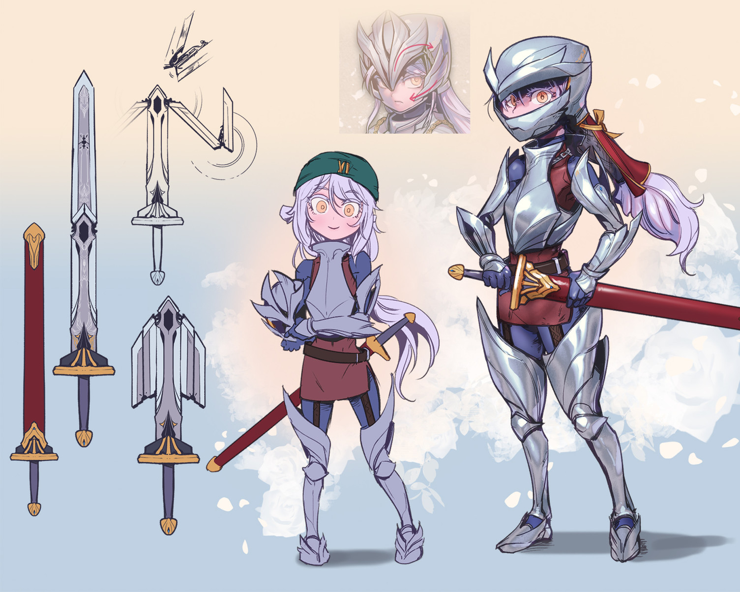 this illustration features two anime characters, both female knights. the character on the left is a younger girl, wearing a green cap and silver armor. she is holding a sword in her right hand and is depicted with a magical glow around her.  she is holding her sword in front of her body as though she's ready to fight. the other character is an older girl, depicted in full silver armor with a red cape and a sword in her hand. she is depicted in a more heroic stance. they both have long, white hair, and blue eyes. the illustration is set against a light blue background with white floral designs. the focus of the image is the two knights, and their respective swords, which are shown in detail, with the swords on the left side of the image as a separate set of images. the image is a fantasythemed, and is likely to be the design for a character from a video game or anime series.