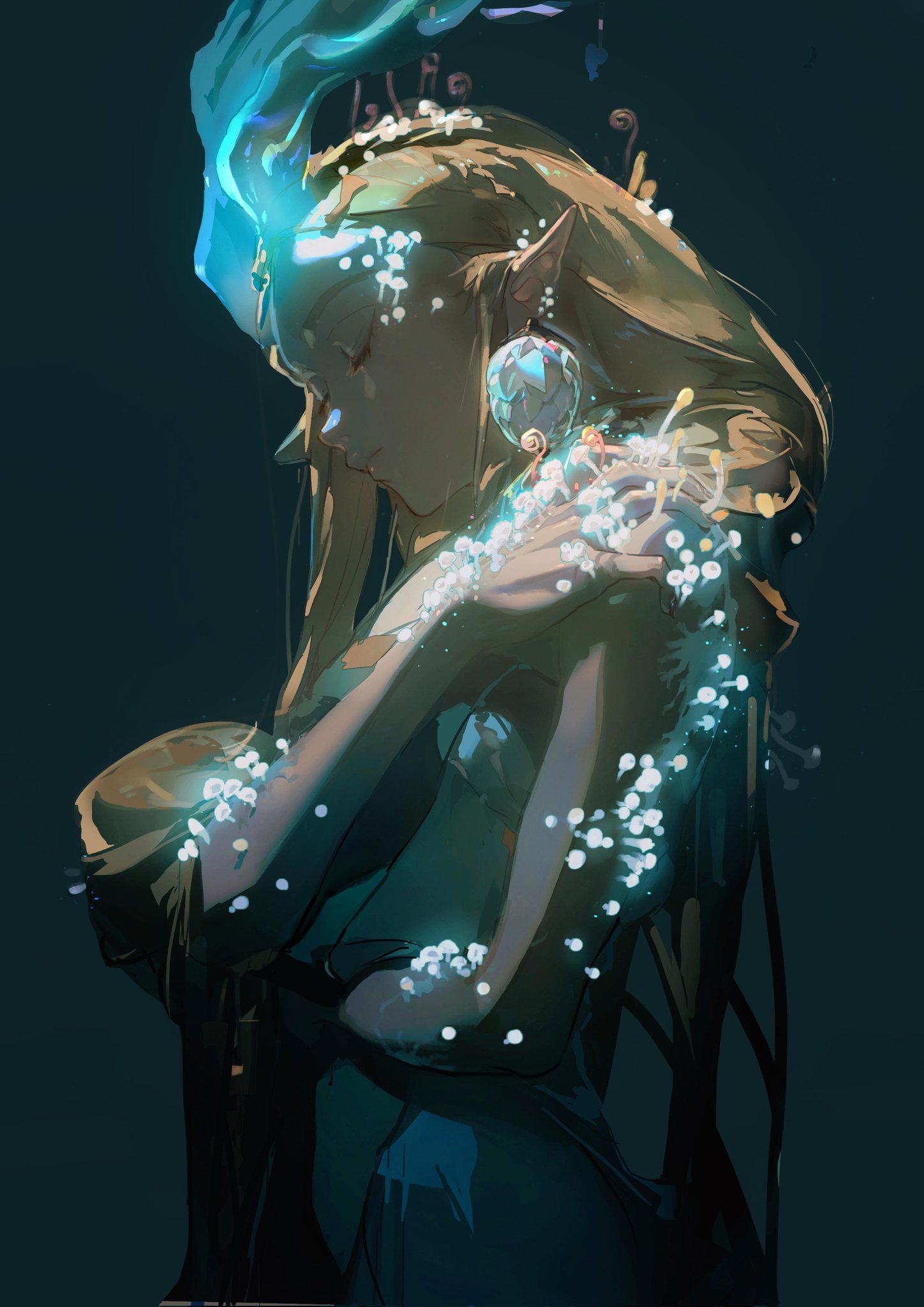 this digital illustration depicts a beautiful, ethereal woman with long blonde hair and pointed ears. she appears to be an elf, with a graceful, elegant pose. she is wearing a blue and teal dress, adorned with glowing lights and flowers. the image is filled with a magical and fantasy atmosphere. the woman's expression is sad and pensive, as if she is lost in thought or grieving. the overall tone of the artwork is ethereal and beautiful, suggesting a sense of wonder and mystery.