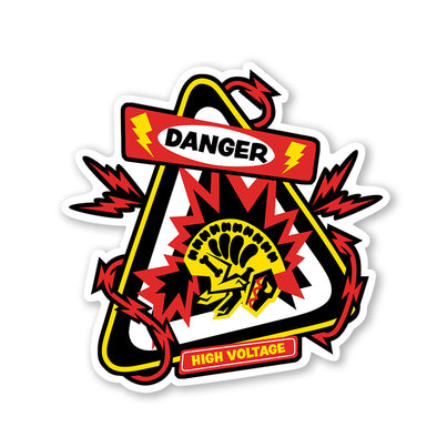 the image shows a stylized warning sticker or decal.  it features a prominent red and yellow triangle with the words "danger" and "high voltage".  inside the triangle is a graphic depiction of a skulllike image engulfed in an explosion of red and black, suggestive of an electrical surge or short circuit.  lightning bolts and barbed wirelike elements surround the triangle, adding to the dangerous and chaotic visual effect. the overall style is bold, graphic, and slightly cartoonish.  the sticker is likely intended as a cautionary message about highvoltage hazards.