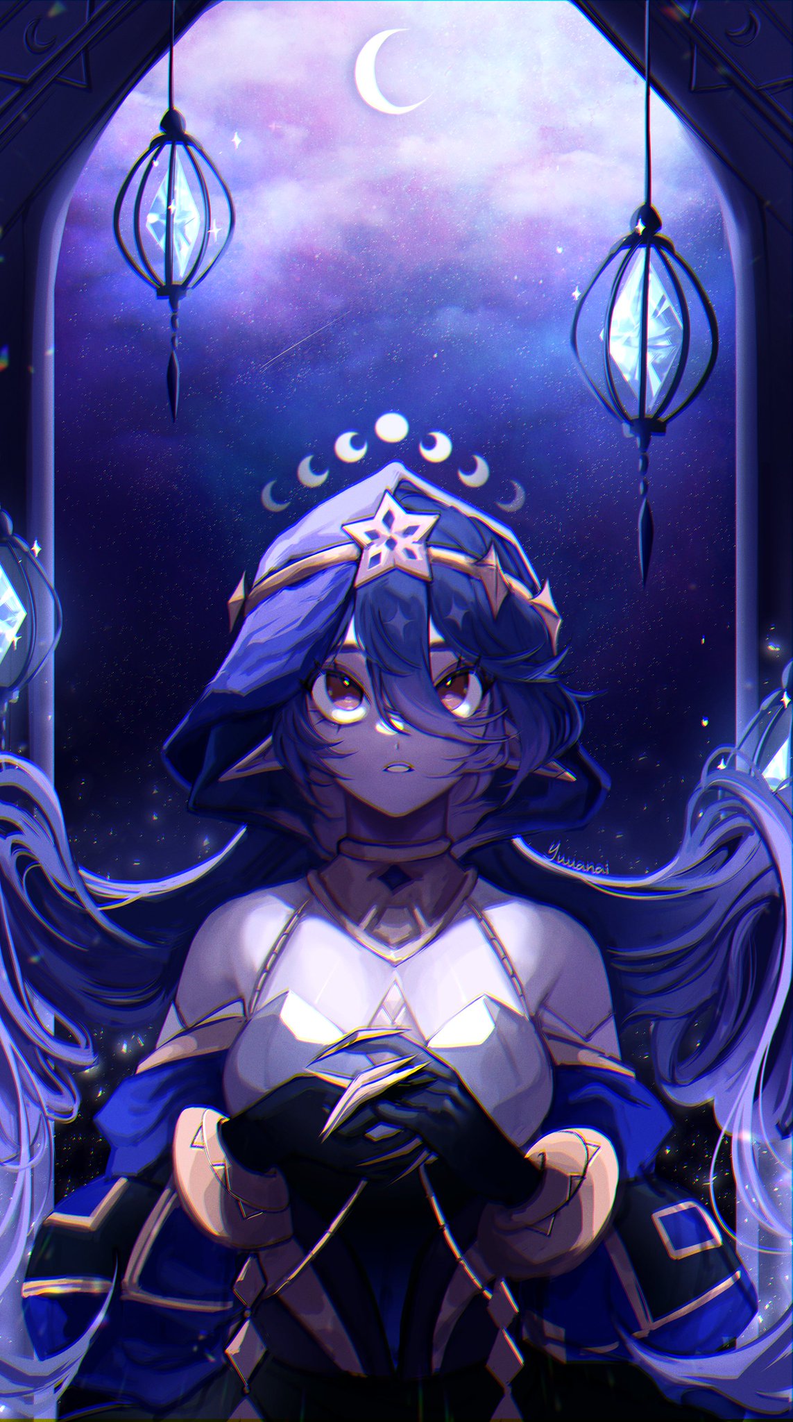 this animestyle artwork depicts a young woman with purple and blue hair and a starry crown. she's dressed in a dark blue and purple robe with a hood and she's wearing gloves that are clutching her hands together in front of her chest. she's in front of a dark, glowing, blue and purple background with crescent moons and stars.  the image is dark and mysterious, with a magical and elegant atmosphere.