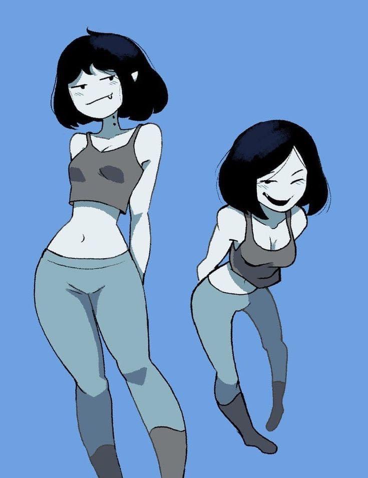 the image is a digital fanart depicting two versions of marceline the vampire queen from the animated series adventure time.  one marceline is standing in a relaxed pose, while the other is crouched down, appearing playful and slightly mischievous. both are dressed in similar casual attire: a grey crop top and light blue leggings. the art style is a stylized cartoon/anime blend with bold outlines and a limited color palette, primarily shades of blue and grey against a solid blue background.  the characters' expressions are distinct; one is smirking confidently, while the other has a cheerful, almost mischievous smile.