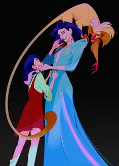 the image showcases two female characters, likely a mother and daughter, alongside a fantastical creature resembling a caninefeline hybrid. the mother, clad in an elegant blue dress, stands tall, her arm affectionately draped around her daughter's waist.  the daughter, dressed in a red jumper and white stockings, gazes up at her mother with a cheerful smile. the creature, a vibrant blend of orange and yellow, playfully perches atop the mother's outstretched arm, its tail encircling her like a whimsical accessory. the scene exudes warmth and familial love, set against a stark black background that emphasizes the vibrancy of the characters and their bond.