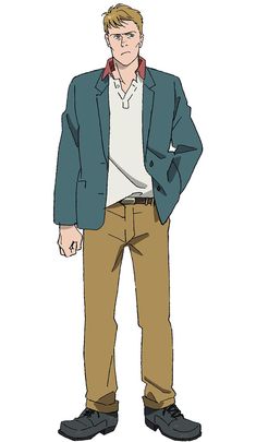 the image shows a young man with short blonde hair and blue eyes. he's wearing a teal jacket over a white vneck shirt. he's also wearing brown pants and black shoes. the drawing style appears to be anime or cartoon.