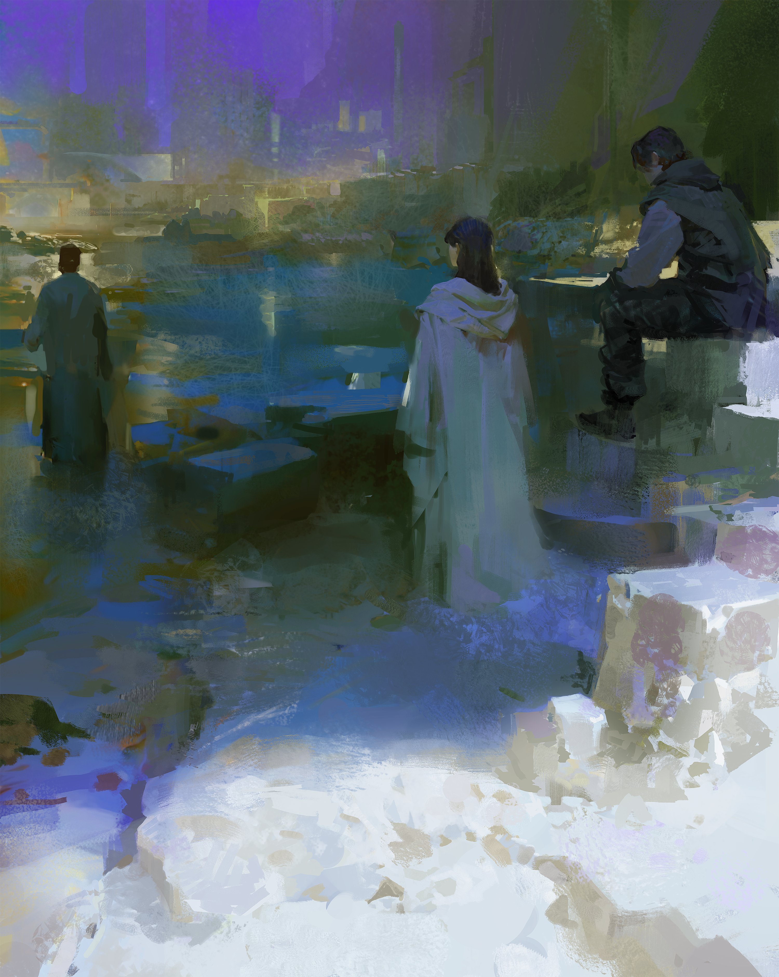 the image is a digital painting depicting a moody and atmospheric scene. three figures are positioned near a body of water, possibly a river, that flows through a dilapidated or ruined cityscape in the background. the overall color palette is cool, dominated by purples, blues, and greys, creating a twilight or early evening atmosphere. the figures appear to be solitary and contemplative.  a woman in a long, lightcolored hooded cloak stands centrally, seemingly absorbed in her surroundings.  a man is seated on a stone structure to her right, while another individual in darker clothing stands further left. the background showcases elements that suggest an urban environment, yet one that’s aged and fallen into disrepair.  the style of the painting is loose and painterly, emphasizing atmosphere and emotion over detailed realism.  the brushstrokes are visible, adding to the abstract and impressionistic feel of the artwork.