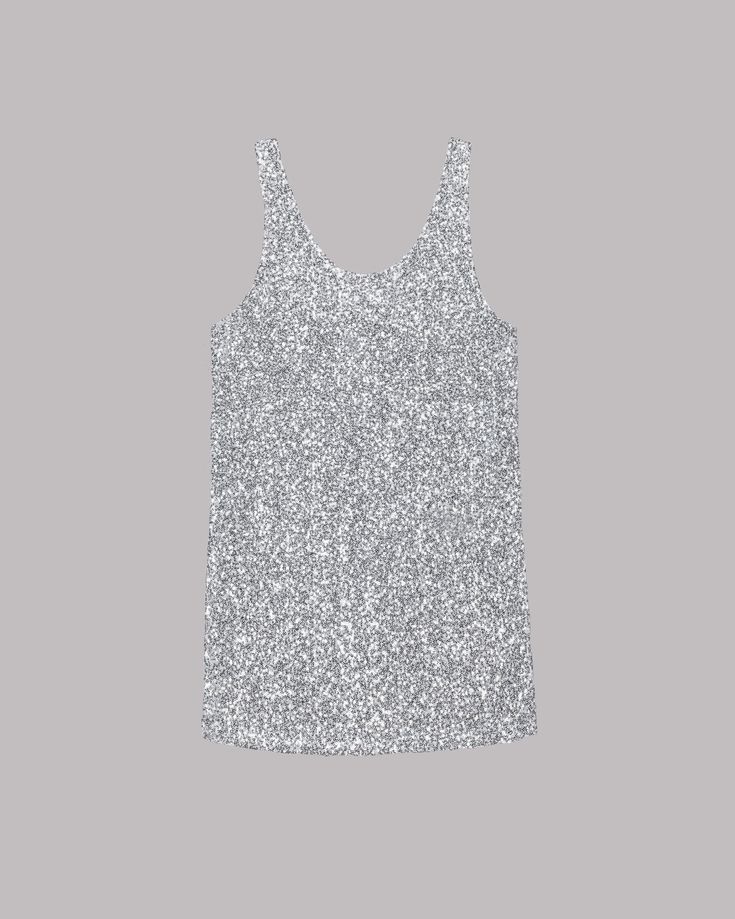a silver sparkly tank top on a grey background. the tank top is sleeveless and is made of a material that is covered in glitter. the tank top has a scoop neck.