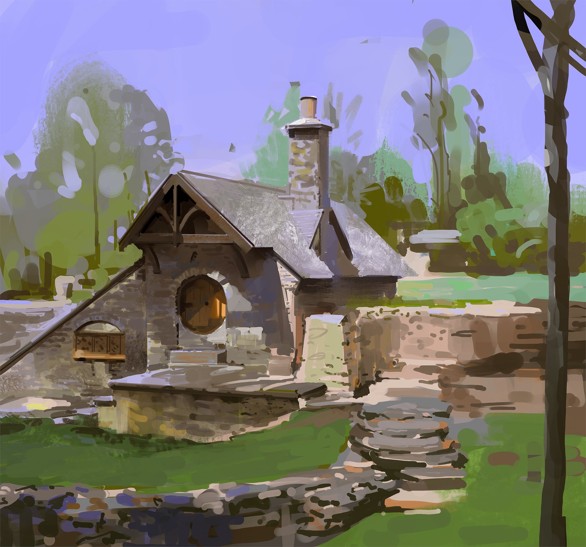 a stone building sits on a hill surrounded by trees. the house has a wooden door with a round window and a chimney on the roof. the background is a blue sky with a few clouds. there is a small path leading up to the house. the house is surrounded by grass and trees. the building appears old, rustic, and peaceful.