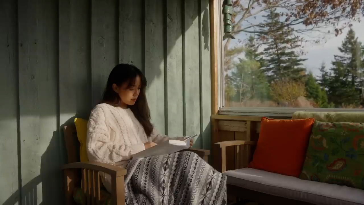 a young woman sits on a wooden porch, engrossed in a book. she is bathed in warm sunlight streaming through the windows, casting long shadows on the wall. the porch is painted a calming green, complementing the vibrant fall colors of the trees visible through the windows. comfortable cushions and a cozy blanket add to the inviting ambiance, creating a perfect reading nook.