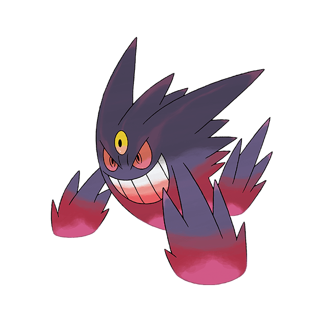 the image is a digital illustration of gengar, a pokémon from the popular franchise.  gengar is depicted in a dynamic pose, seeming to float and lunge forward. its coloring is predominantly dark purple and black, with accents of pink and red, especially in the shadowy areas around its body and extremities.  the creature's signature wide grin and glowing yellow eyes are clearly visible, conveying a sense of mischief and perhaps menace. the background is plain black, allowing the pokémon to stand out prominently. the style appears to be consistent with official pokémon artwork.