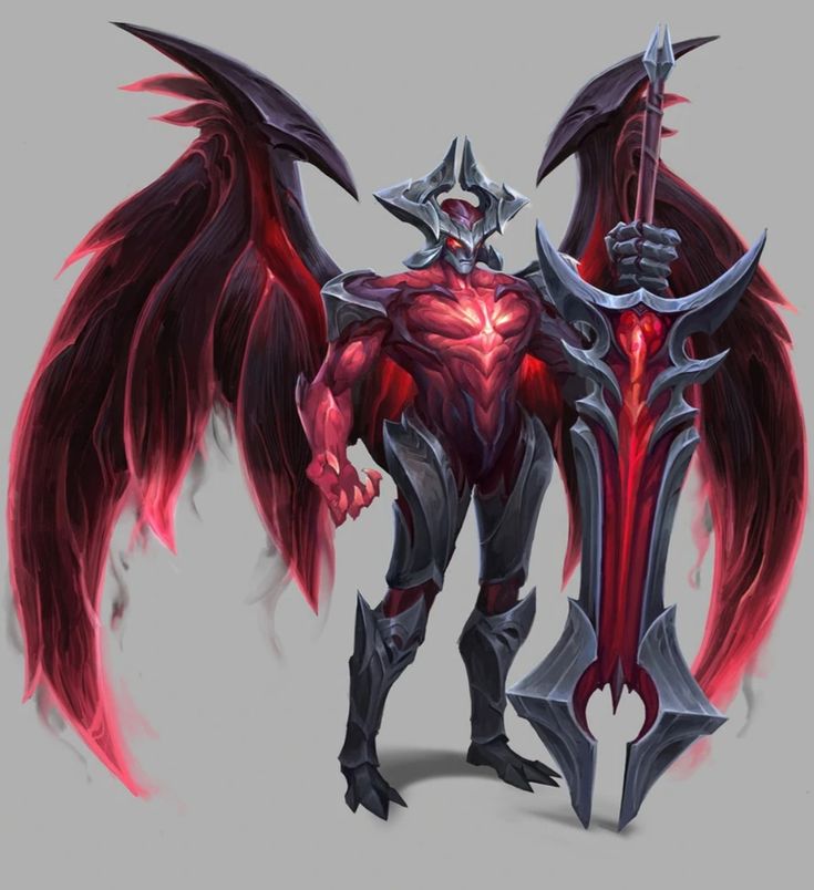 the image depicts a powerful, demonic figure, possibly representing aatrox from league of legends.  he is humanoid in form with large, dark red wings and dark armor. he holds a massive, dark red and grey greatsword.  his body is primarily a deep red, suggesting fiery energy or demonic power. the overall style is fantasythemed concept art, featuring intricate details in both the character's design and the background. the lighting and shading techniques give the artwork a dramatic and menacing quality.