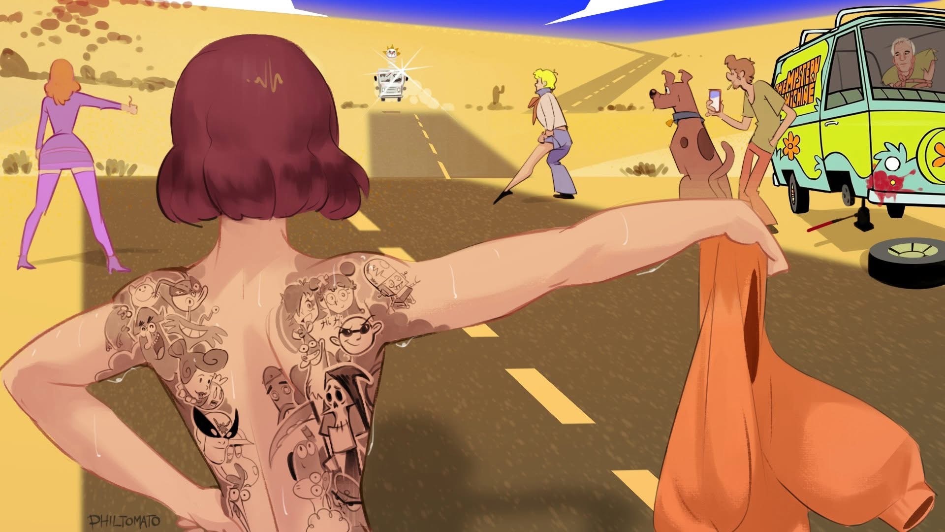a scene depicting the scooby doo gang in a modern, humorous setting. velma stands in the foreground, facing away from the viewer, her back covered in tattoos of various cartoon network animated characters. daphne is hitchhiking on the side of the desert road, while fred is being groped by a passing driver. shaggy and scooby are near the brokendown mystery machine, with shaggy taking a picture with his phone. an older man is inside the van. a flat tire lies nearby.