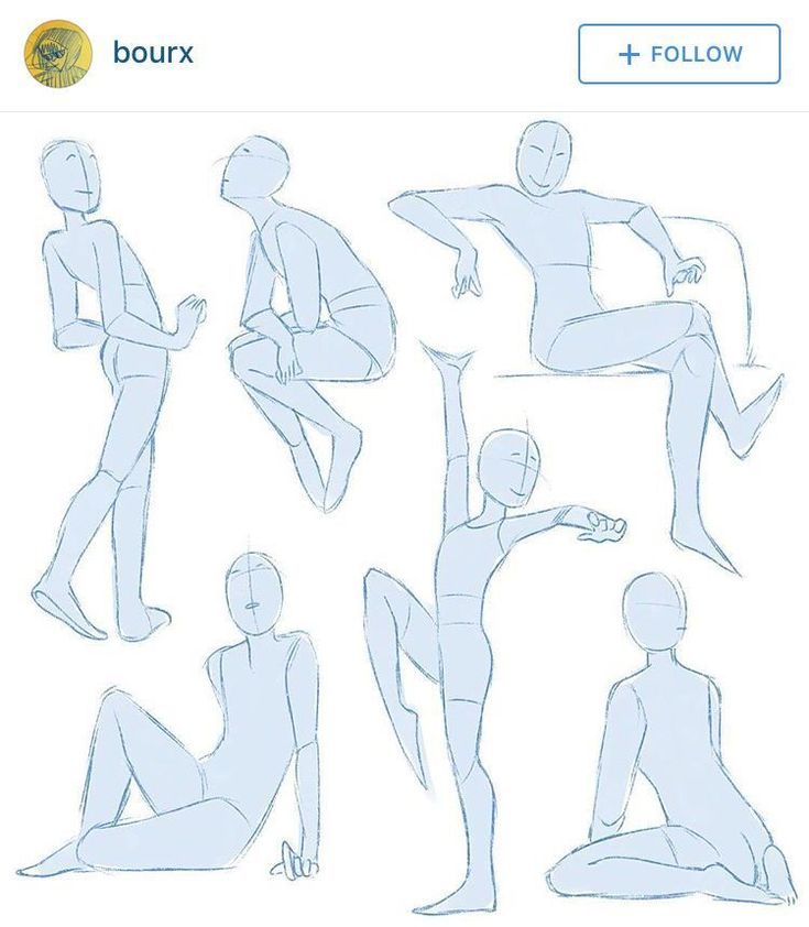 this image shows a set of 7 figure drawings in different poses and perspectives. they are outlined in a pale blue and provide a basic anatomy structure. the lines are light and simple, suggesting a preliminary sketch or gesture drawing. there is a username and a social media button in the top corners of the image.