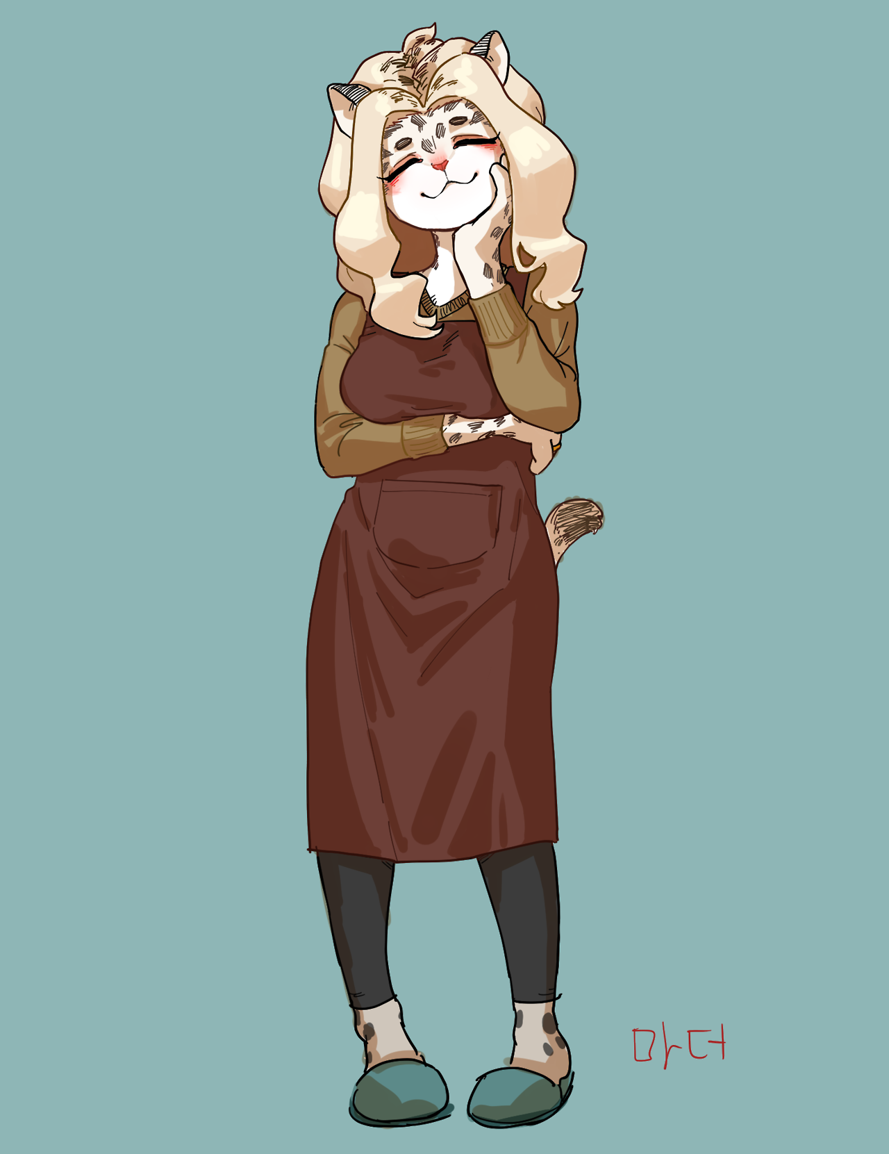 this is a digital illustration of a furry anthropomorphic cat girl. she has long blonde hair, is wearing a brown apron and long pants, and has a warm smile on her face. she is standing with her hands clasped in front of her, and is looking off to the side. the background is a light blue color.