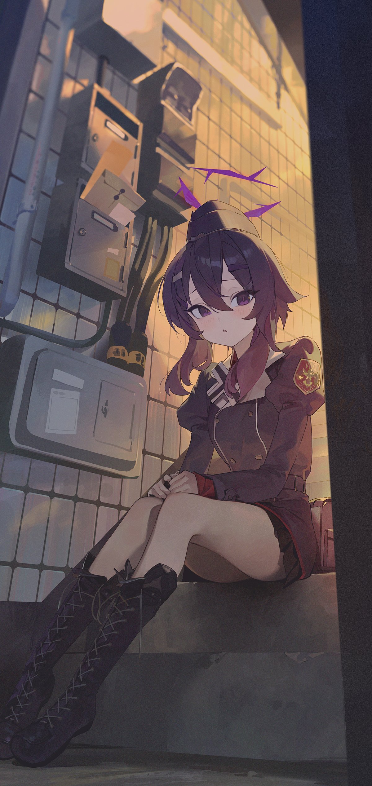 an anime girl with purple hair and horns in a school uniform is sitting on outdoor steps. the setting seems to be a city with a soft warm lighting from the evening.