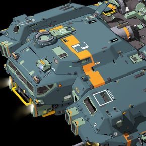 the image showcases a closeup, highangle view of a futuristic, heavily armored, military spaceship. its design is angular and blocky, with a combination of dark teal and gray colors accented by bright yellow stripes. visible features include a large, central compartment, smaller side compartments, various antennas, lights, and potential weapon mounts. the lighting is predominantly artificial, with spotlights illuminating the vehicle against a dark background, enhancing the dramatic, scifi aesthetic.