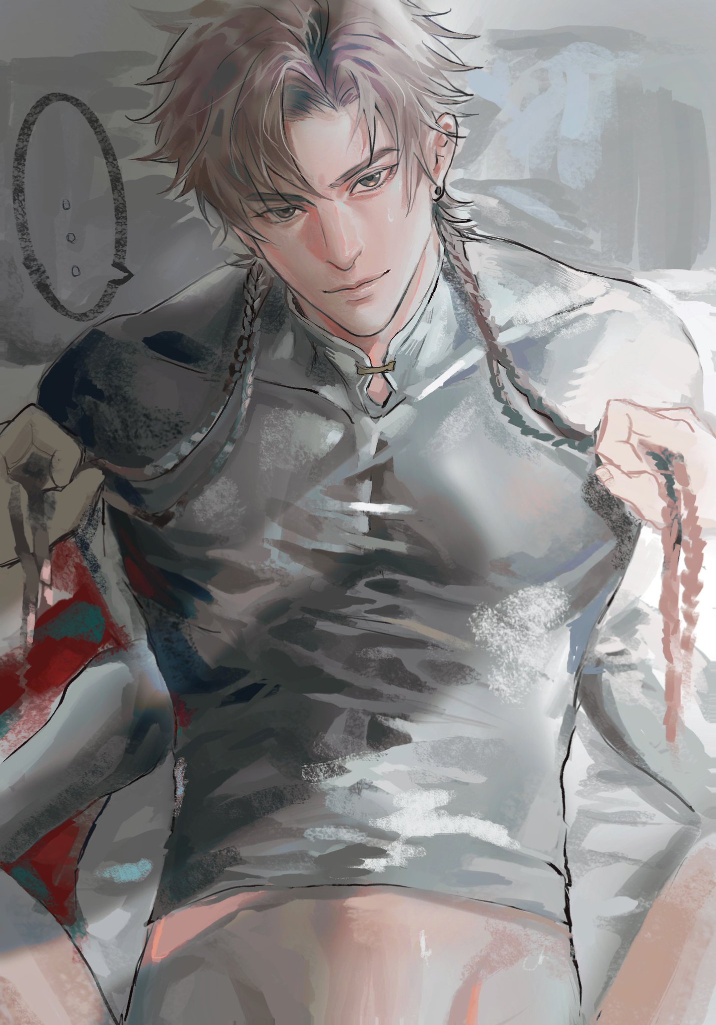 this is a digital art piece of a handsome, young anime boy. he has brown hair and eyes. he is wearing a gray shirt. he is sitting and looking at the viewer. he is surrounded by a white background.