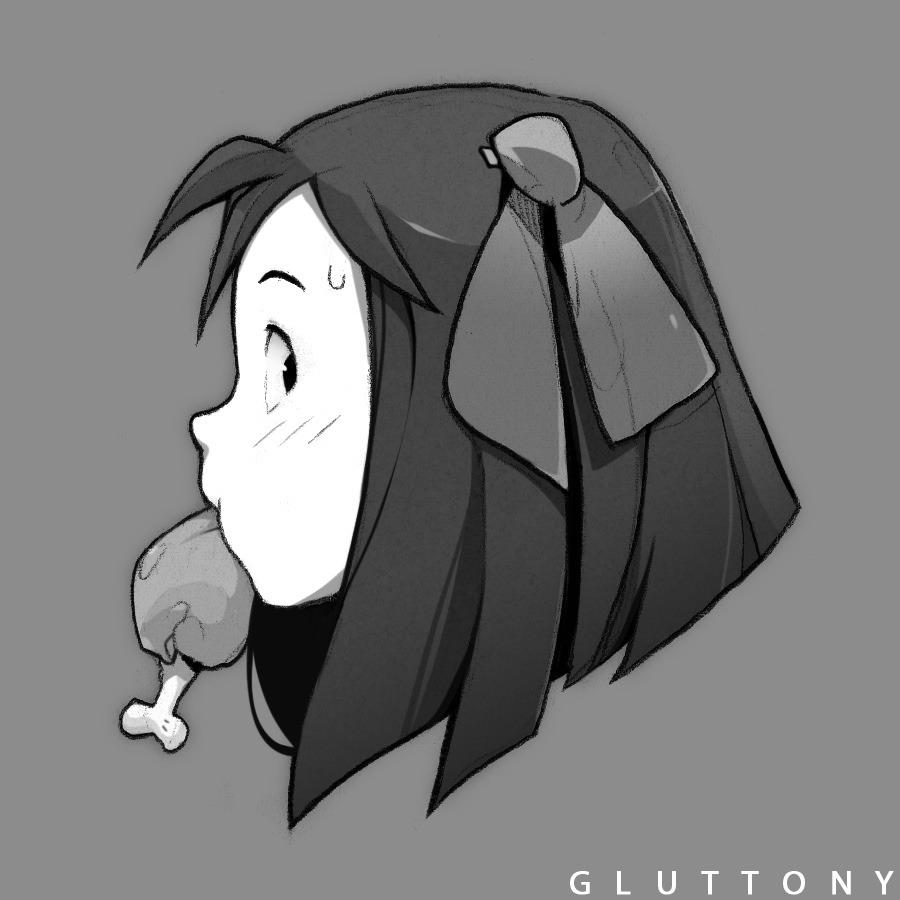 the image is a black and white drawing in an anime/manga style and depicts the profile of a girl with short hair and a large bow, biting into a chicken drumstick.  there is a single word below the drawing which says "gluttony."  the style of the drawing is loose and sketchy.
