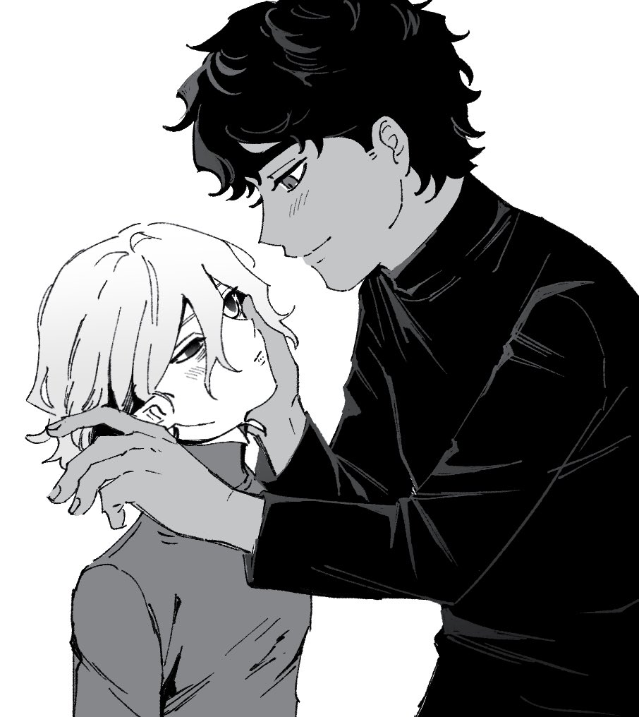 he image is a black and white illustration or drawing in the style of manga or anime. it depicts a closeup portrait of a young couple, a man with dark, curly hair and a woman with light, short hair. the man is gently holding the woman's face with his hand, and their bodies are close together, suggesting intimacy and affection.  both individuals are dressed in simple, dark clothing; the man in a highcollared jacket or shirt, and the woman in a turtleneck sweater. the overall mood is romantic and tender. the art style is detailed, with attention paid to the characters' hair, eyes, and expressions.