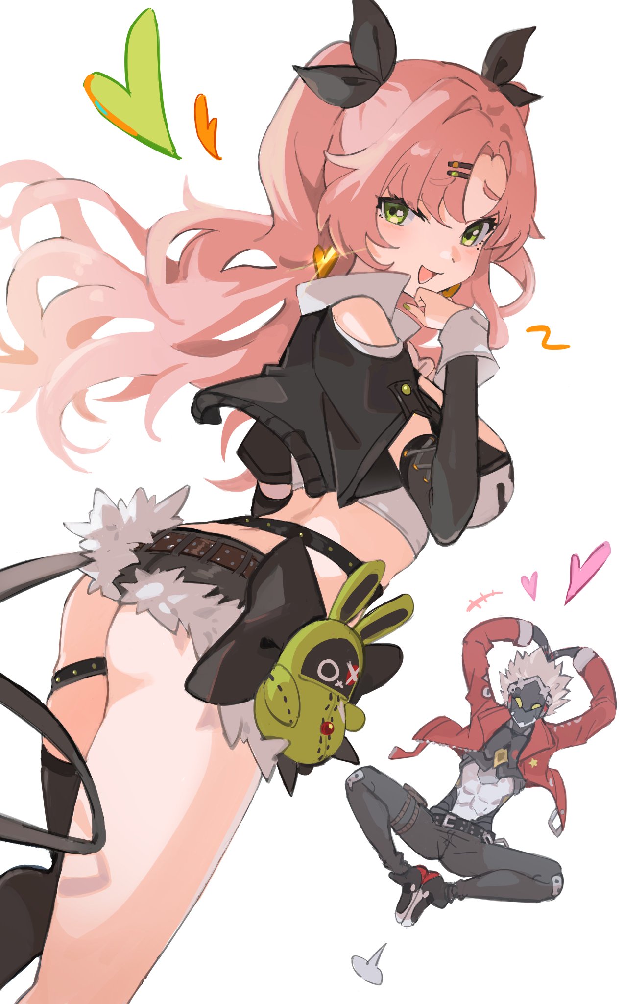 an anime girl with pink hair and black clothes stands with her leg raised while holding a green plush bunny. she is looking toward the right and smiling. she has a heartshaped object floating above her head. behind her is a man with grey hair wearing a red jacket and black pants, he's jumping in the air, his arms are raised in a heart shape.  he has hearts floating above him as well.